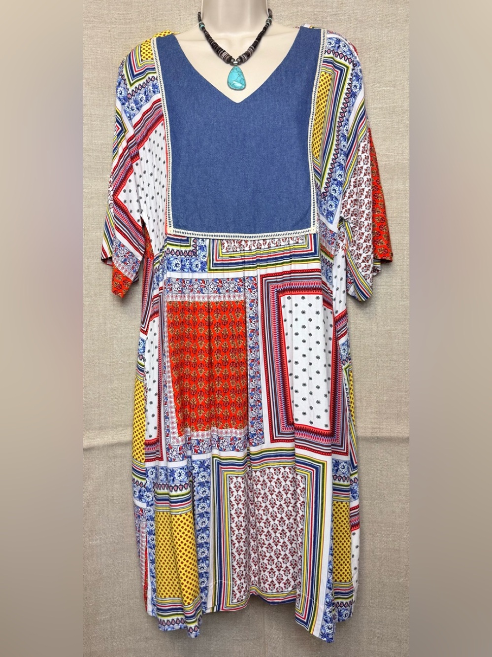 Boho Patchwork V-Neck Popover Dress in Red, Blue, Yellow, White